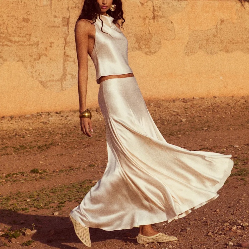 Reformation Satin Cream Maxi Skirt Set